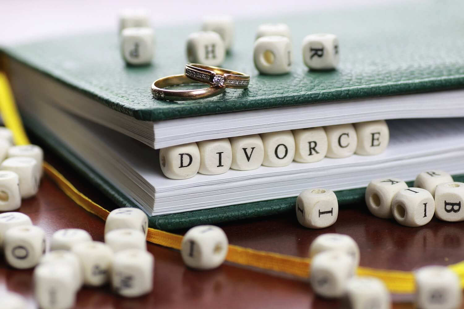 The word divorce laid out in beads with letters near the notepad and wedding rings
